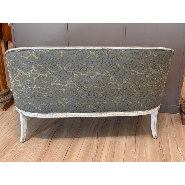 19th Century Swedish Gustavian Painted Settee With Fortuny Upholstery For Sale - Image 9 of 9