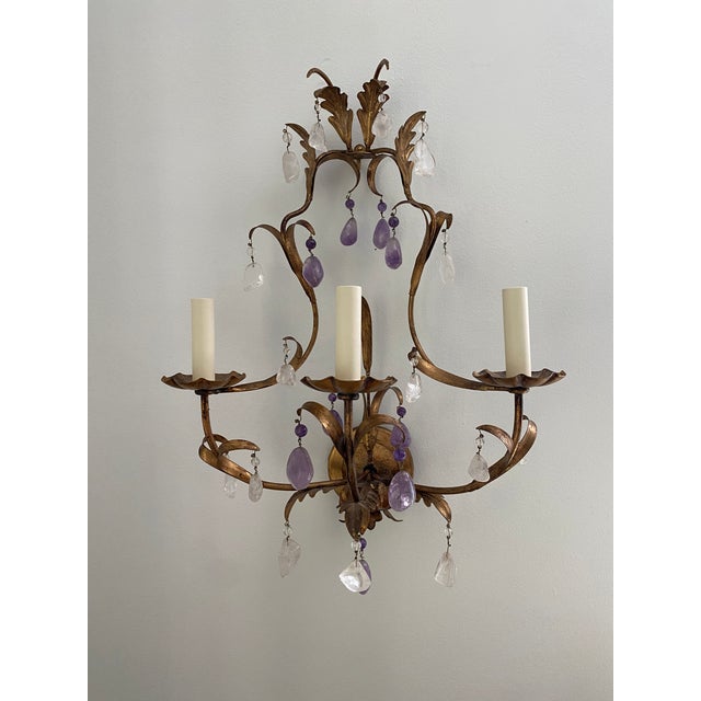 French Vaughan Designs "Montigny Rock Crystal Wall Light" in Gilt Finish, 3 Arms - A Pair For Sale - Image 3 of 9