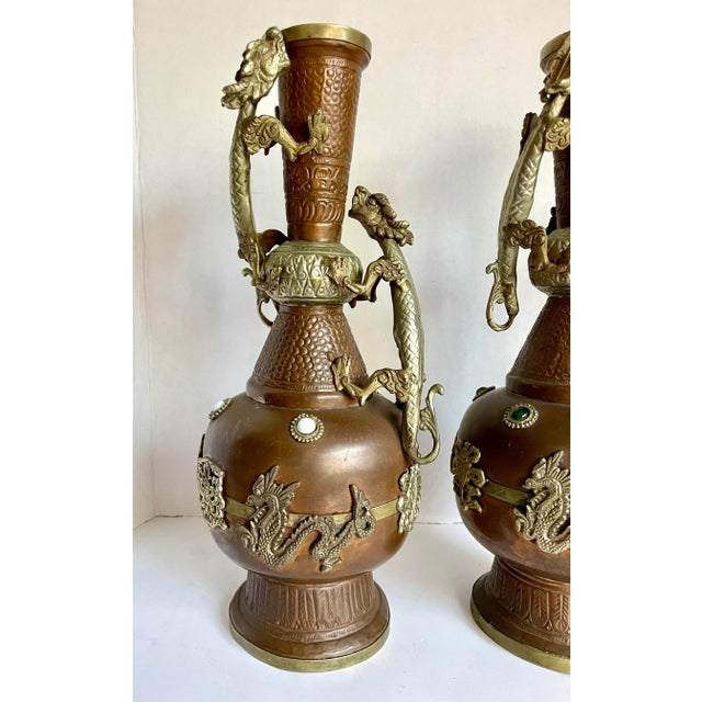 Asian Antique Pair of Antique Asian Tibetan Copper Brass Dragon Vases For Sale - Image 3 of 12