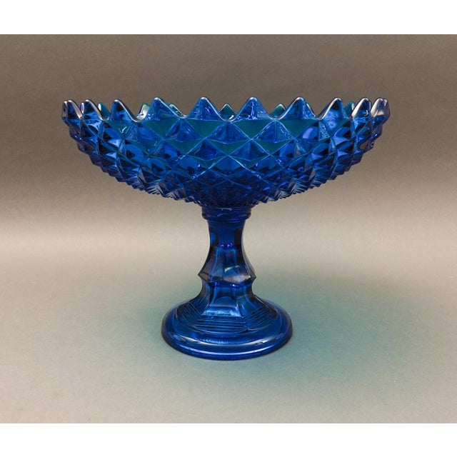 Westmoreland Glass Mid 20th Century Westmoreland Blue Sawtooth Diamond Point Glass Footed Pedestal Compote Bowl For Sale - Image 4 of 8