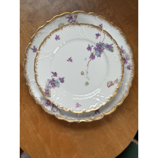 French Antique M. Redon French Limoges Violet Plates - 3 Dinner + 3 Salad, Gold Rims For Sale - Image 3 of 6