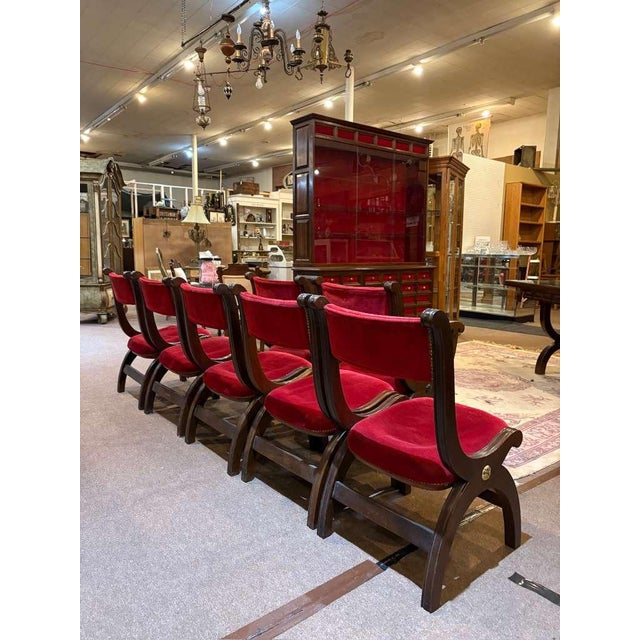 Custom Vintage 1960s Mid Century Modern Marlau of Madrid Glass Top Dining Table With 6 Red Velvet Curule Style Dining Chairs For Sale - Image 9 of 9