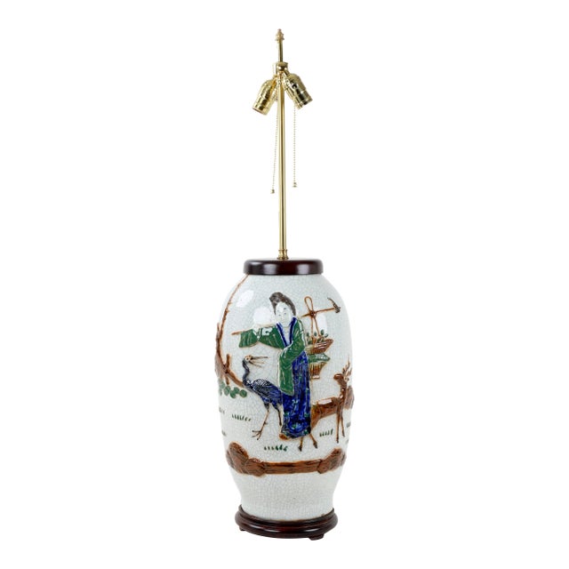 Mid 19 Century , Double Bulb Pull Switch White Crackle Glazed Relief Figures Lamp For Sale