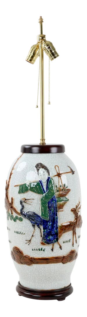 Mid 19 Century , Double Bulb Pull Switch White Crackle Glazed Relief Figures Lamp