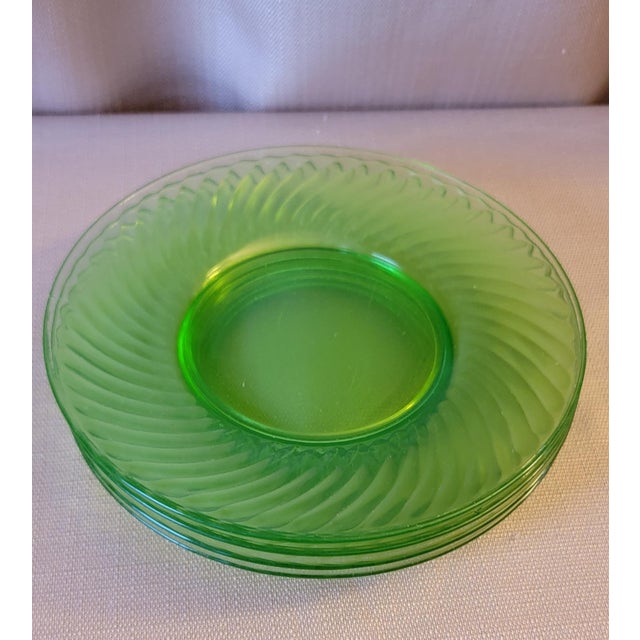 Shabby Chic Set of 4 Transparent Green Uramium Glass Salad Plates Early 20th Century For Sale - Image 3 of 16