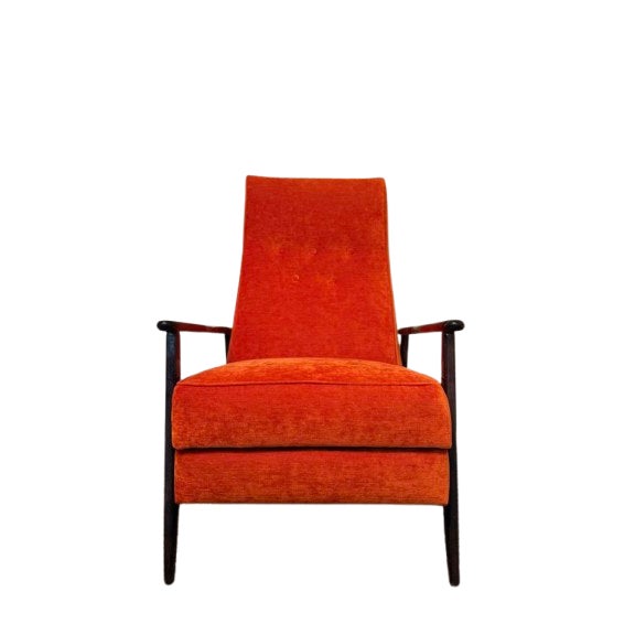Walnut reclining chair in orange chenille fabric, attributed to Milo Baughman for Thayer Coggin. This piece is unsigned.