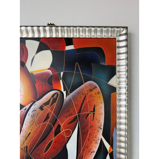 Textile 1980’s Vintage C. Ryan Cubist Figural Oil on Canvas Painting, Framed For Sale - Image 7 of 12