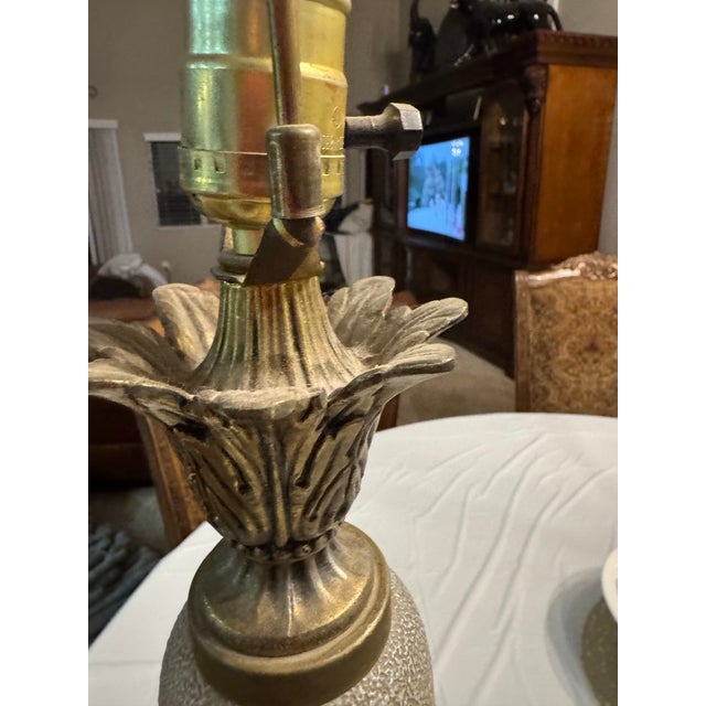 Vintage Mid-Century Modern Ceramic Table Lamp With a Textured, Fat Lava Glaze Base and Gold Floral Detailing. For Sale - Image 10 of 11
