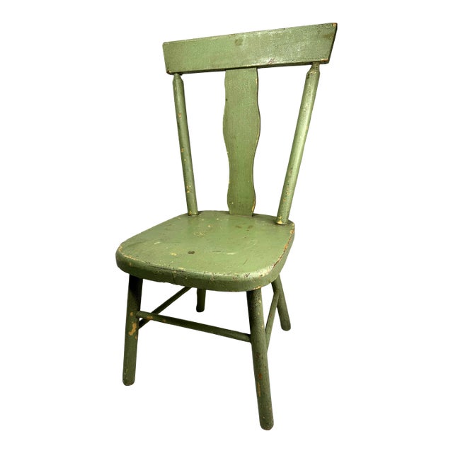 Americana Folk Art Small Green Fiddleback Solid Wood Chair For Sale