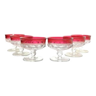 1950s Tiffin-Franciscan “King’s Crown” 6 Cranberry Red Coupe Champagne Glasses For Sale