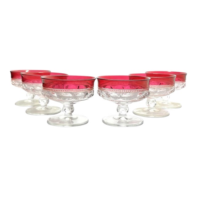 1950s Tiffin-Franciscan “King’s Crown” 6 Cranberry Red Coupe Champagne Glasses For Sale