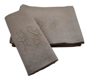 Dove Gray Linen Damask Hand Embroidered French Provençal Table Napkins, S/6