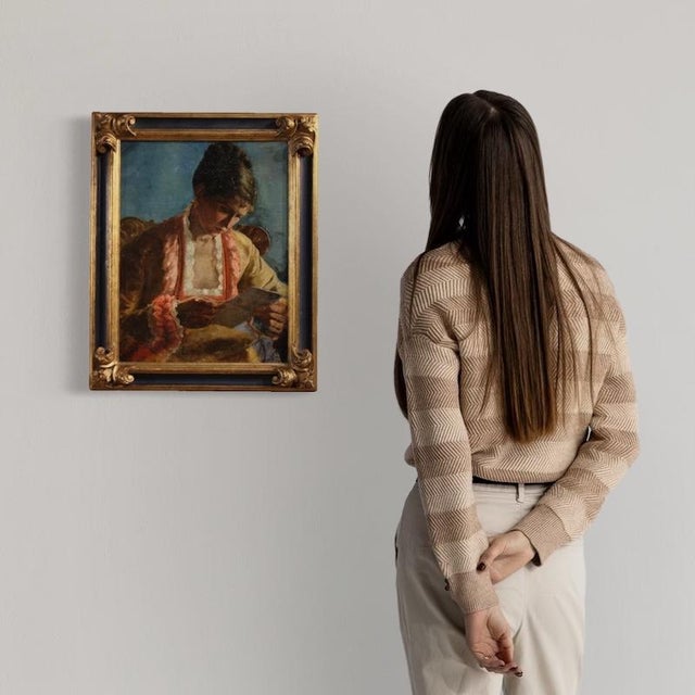 French painting dated 1979. Oil on canvas, glued to masonite, artwork depicting a portrait of a woman with a letter, of...