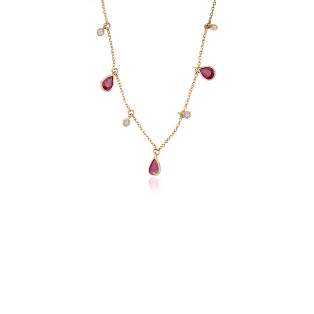 14k Yellow Gold Ruby Drop Station Necklace With Diamond Accents Layering Jewelry For Sale - Image 4 of 13