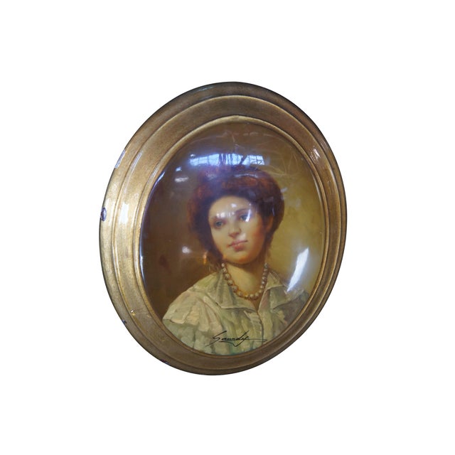 Vintage lacquered oval oil painting of a young redhead girl with pearls, titled Sanndy. 13" Dimensions: 13 x 1 x 11"
