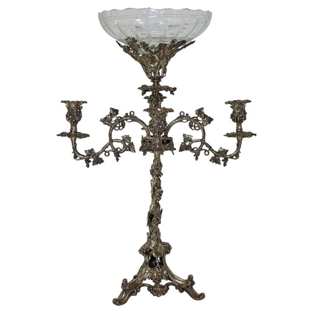 Art Nouveau Four-Arm Silver Plate Epergne Candelabra With Engraved Glass Bowl For Sale - Image 11 of 11