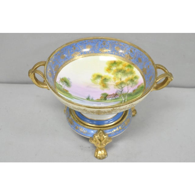 Early 20th Century Nippon Hand Painted Porcelain Blue Centerpiece Compote Bowl W/ Cottage & Geese For Sale - Image 18 of 18