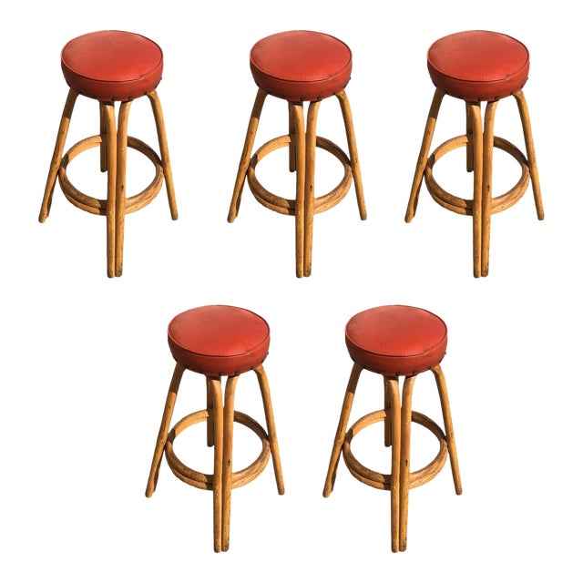1950s Restored Arched Rattan Bar Stools With Studded Nailhead Red Seats- Set of 5 For Sale