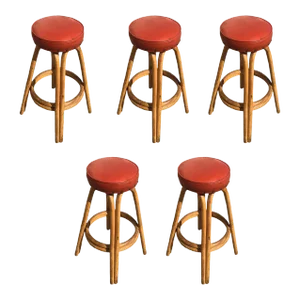 1950s Restored Arched Rattan Bar Stools With Studded Nailhead Red Seats- Set of 5