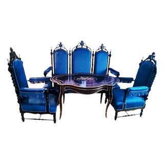 French Neo-Gothic Revival Dining Set in Deep Blue Velvet, Set of 4 For Sale
