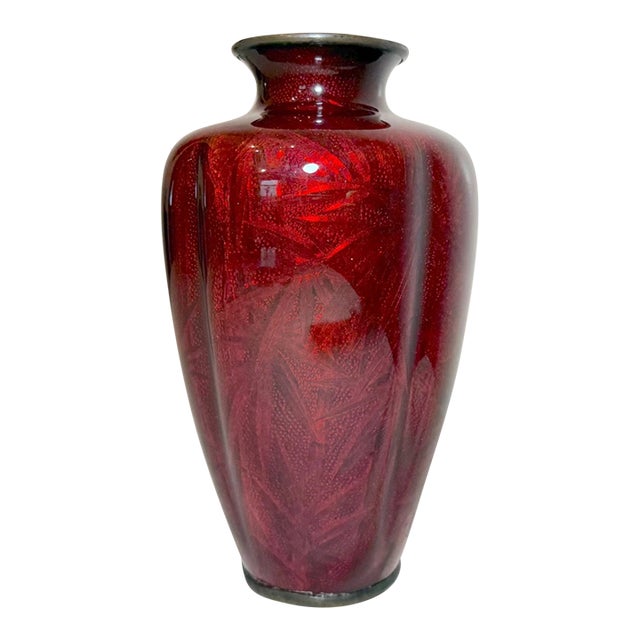Antique Japanese Ginbari Red Foil Enamel Bird Bamboo Bronze Guilloche Vase Asian For Sale