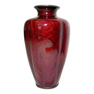 Antique Japanese Ginbari Red Foil Enamel Bird Bamboo Bronze Guilloche Vase Asian