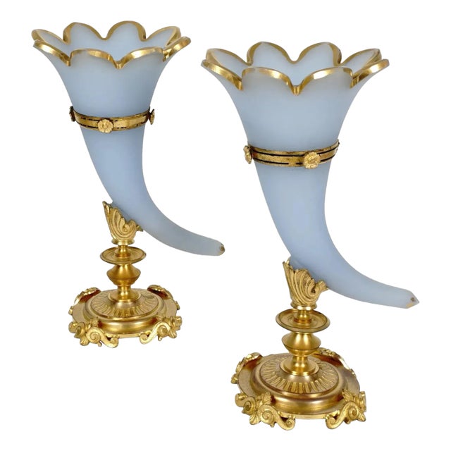 Pair of Antique French Opaline Glass Cornucopia Horn Vases Dore Bronze Mounts For Sale