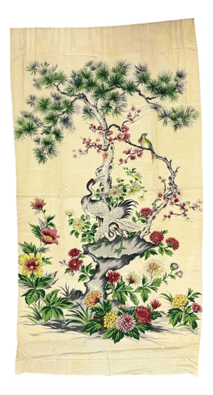 Mid Century Silk Curtain Panel With Cranes, Pine, and Chrysanthemums