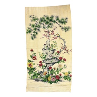Mid Century Silk Curtain Panel With Cranes, Pine, and Chrysanthemums - 2 Available For Sale