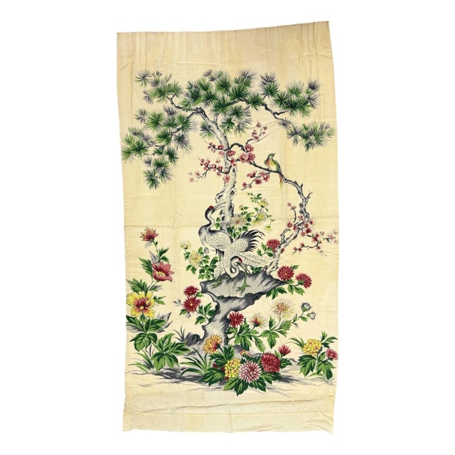 Mid Century Silk Curtain Panel With Cranes, Pine, and Chrysanthemums - 2 Available For Sale