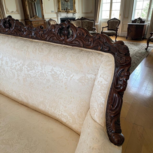 1970s 6 Piece Italian 19th C. Renaissance Revival Damask Sofa Settee Armchair Set For Sale - Image 13 of 17