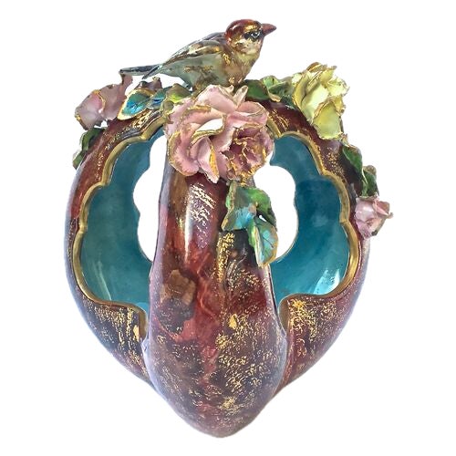 Art Nouveau Antique Majolica Bird & Floral Basket For Sale - Image 3 of 9