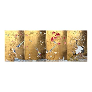 Hand Painted Gold Leaf Wallpaper With Birds & Floral Chinoiserie Design, Luxury Oriental Wallcovering, Custom Made Decorative Wall Mural For Sale