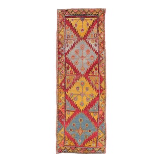 Vintage Turkish Oushak Runner With Bold Gold, Red, and Sky Blue Medallions For Sale