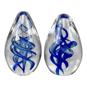Mid-Century Hand Blown Art Glass Blue Spiraled Egg Paperweight - a Pair