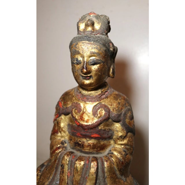 Antique Chinese Ming Dynasty Wood Immortal Lacquer Gold Leaf Taoist Sculpture For Sale - Image 4 of 12