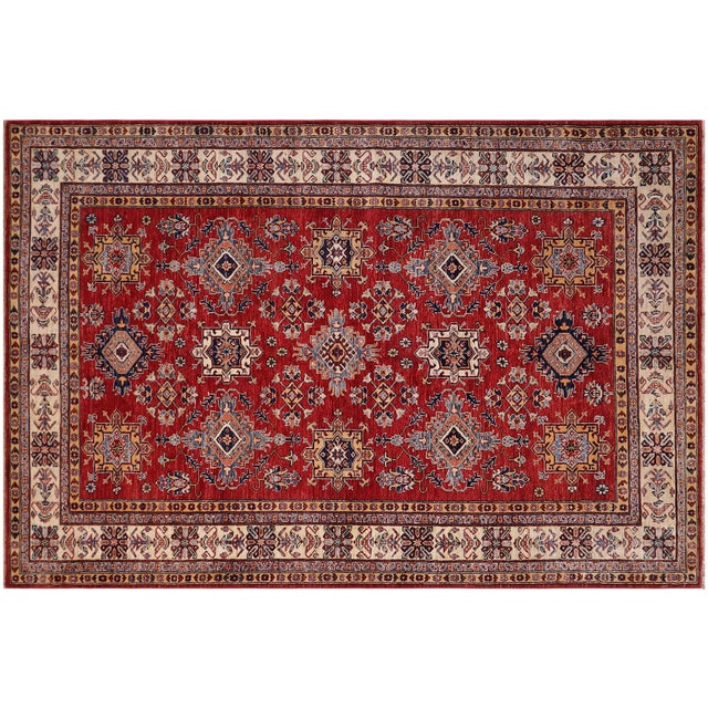 Beige Shabby Chic Tribal Super Kazak Red/Beige Wool Rug - 5'7'' X 8'9'' For Sale - Image 8 of 10