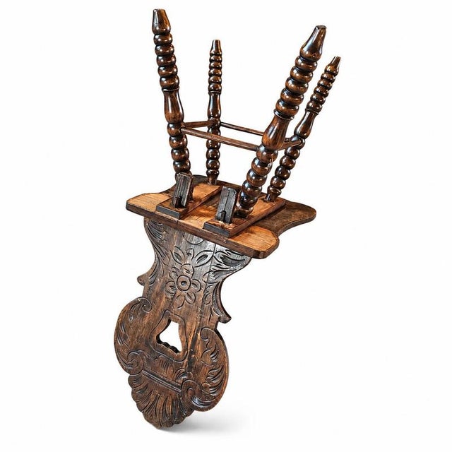 Swiss Alpine Hall / Side chair / Fratzenstuhl / Hardwood chair on turned legs and a carved backrest in the form of a mask...