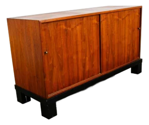 1960s Mid Century Modern Credenza Cabinet Walnut Sliding Doors Storage Black Base