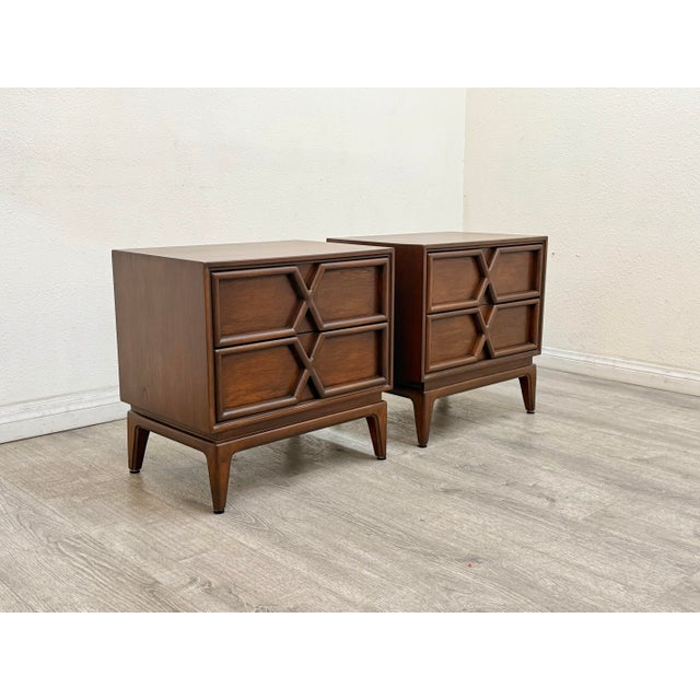 Beautiful pair of mid century modern walnut nightstands professionally restored, manufactured by American Of Martinsville