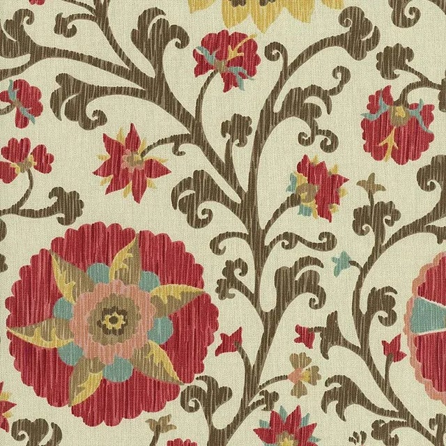 Schumacher Fergana Embroidery Print Fabric in Teak For Sale