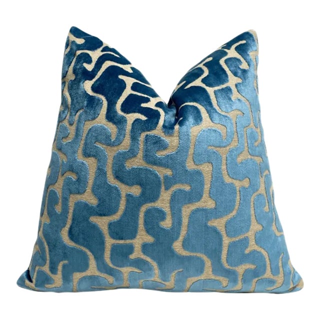 Mediterranean Maze Velvet Throw Pillow With Feather Down Insert For Sale