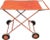 Mid-century wood serving or bar cart painted red with metal handle and frame and unusual wood wheels. This appears to be a...