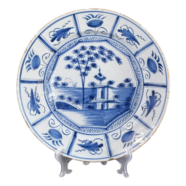 18th Century Blue and White Faience Charger in the style of Delft Kraak, Netherlands For Sale