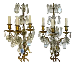 Pair 1920s Large French Louis XV Style Gilt Brass and Crystal Three-Light Wall Sconces