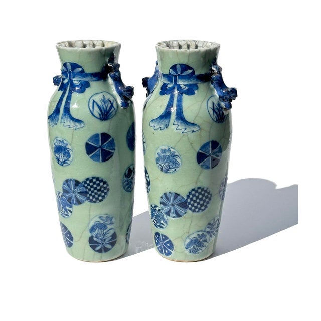 Asian 19th Century Qing Dynasty Chinese Porcelain Celadon Blue Medallions Ruffle Vases-a Pair For Sale - Image 3 of 4