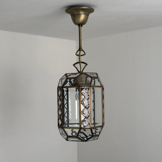 Art Deco Italian Revival Brass and Beveled Glass Lantern, 1970s For Sale - Image 3 of 18