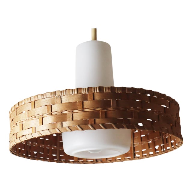 Mid-Century Modern Glass Pinewood Raffia Hanging Lamp by Doria, 1960s For Sale