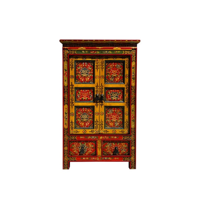 Tribal Tibetan Orange Yellow Jewel Floral Tall End Table Nightstand Cabinet For Sale - Image 3 of 6