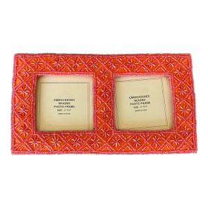 Hand Beaded Orange Silk Double Photograph Picture Frame